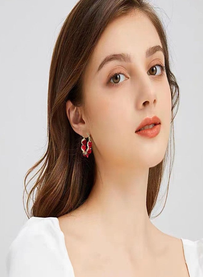 Anmpab Rose Flower Hoop Earrings for Women Rhinestone Floral Camellia Flower Earrings Party Jewelry (Red) - Image 4